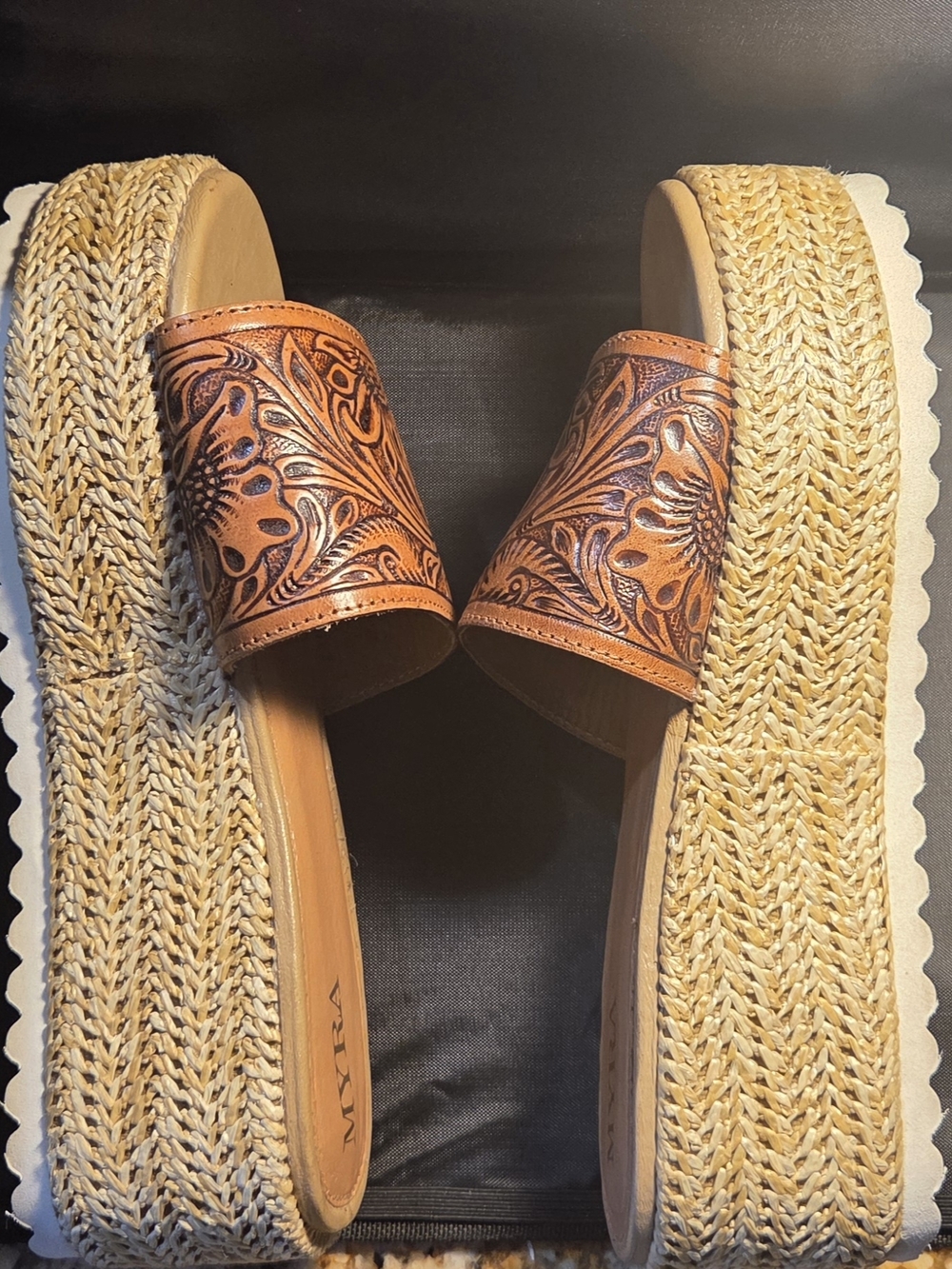 Myra Bag Brown Tooled Floral Leather Platform Slides - Picture 4 of 5